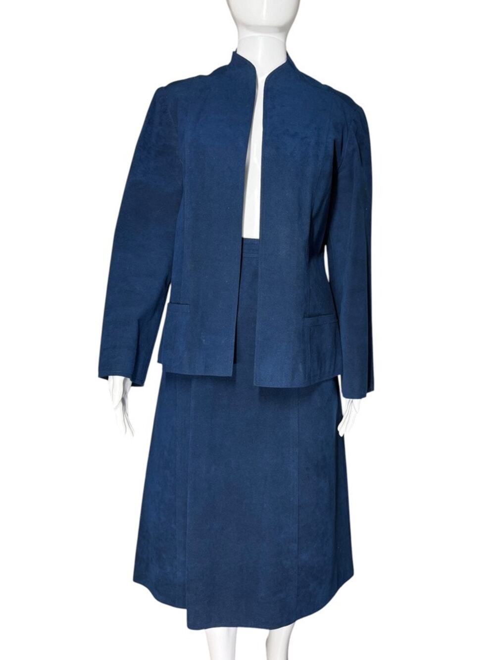 Posh Ultrasuede Vintage 70s Blue 2 Piece Skirt Blazer Set Size Medium